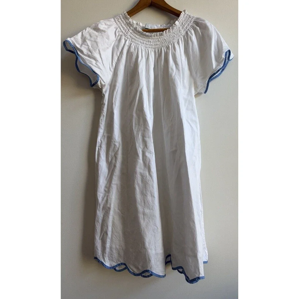 LAKE Pajamas Patio Dress Small White Royal Blue Scalloped Trim 100% Cotton Lined - Picture 1 of 8